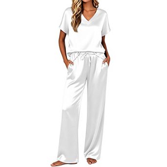 Ekouaer Silk Pajamas for Womens Two Piece Satin Pajamas Cap Short Sleeve V Neck Shirt Long Pant