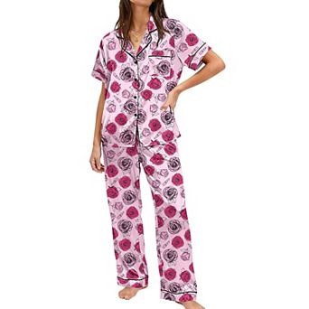 Ekouaer Womens Silky Satin Pajamas Set Short Sleeve Button Down Pieces Lounge Set Pajama Set
