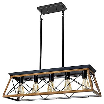 Walnut 5-Light Chandelier 32 Inch Adjustable Metal Cage Pendant Light for Kitchen (No Bulbs)