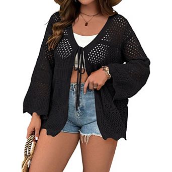 Women's Plus Size Lightweight Cardigans Tie Front Summer Crochet Long Sleeves Thin Cardigan