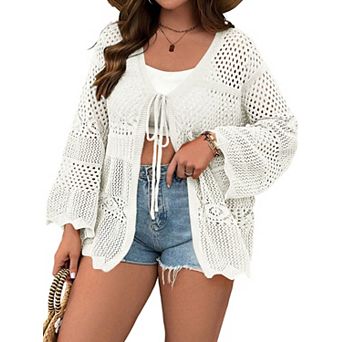 Women's Plus Size Lightweight Cardigans Tie Front Summer Crochet Long Sleeves Thin Cardigan