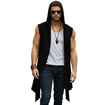 Men's Sleeveless Hooded Jacket Open Front Long Lightweight Jackets with Asymmetric Hem