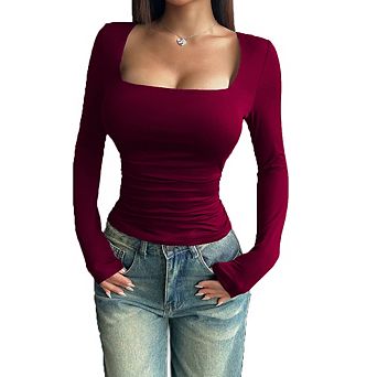 Women's Square Neck Long Sleeve Ruched Waist Slim Fitted Basic Top