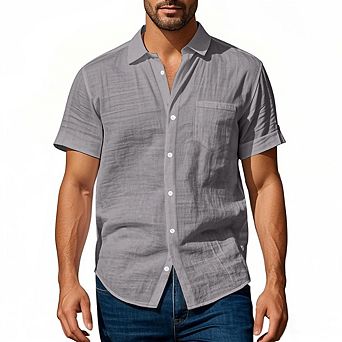 Men's Casual Linen Blend Short Sleeve Button-Down Shirt Breathable Summer Beach Shirt with Pocket