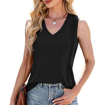 Women's V Neck Sleeveless Side Pleated Relaxed Fit Casual Tank Top