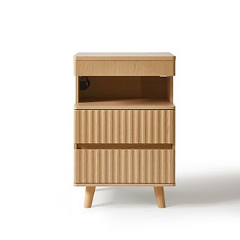 Modern Nightstand with Drawer and Charging Station, 2 Drawers and Open Shelf, Oak