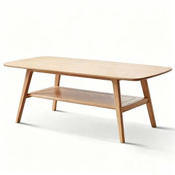 Natural Oak Solid Wood Coffee Table with Storage, 47.2'' Dual-Layer Easy Assembly