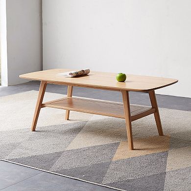 Natural Oak Solid Wood Coffee Table with Storage, 47.2'' Dual-Layer Easy Assembly