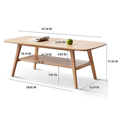 Natural Oak Solid Wood Coffee Table with Storage, 47.2'' Dual-Layer Easy Assembly