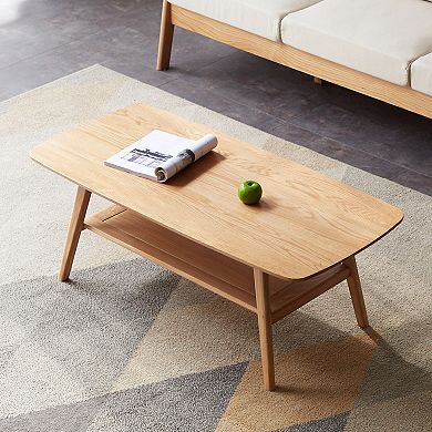 Natural Oak Solid Wood Coffee Table with Storage, 47.2'' Dual-Layer Easy Assembly
