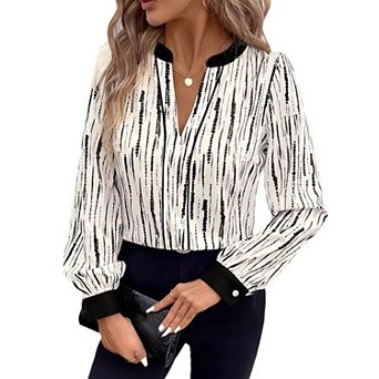 Women's Striped Long Sleeve Blouse, V-Neck with Contrast Trim and Button Cuffs