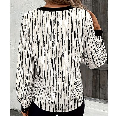Women's Striped Long Sleeve Blouse, V-Neck with Contrast Trim and Button Cuffs