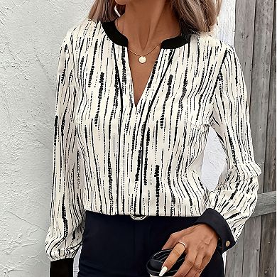 Women's Striped Long Sleeve Blouse, V-Neck with Contrast Trim and Button Cuffs