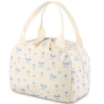 Bow Flower Lunch Bag Corduroy Tote Cooler Picnic Travel