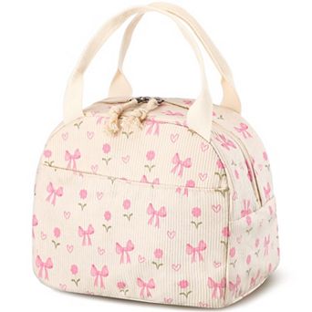 Bow Flower Lunch Bag Corduroy Tote Cooler Picnic Travel