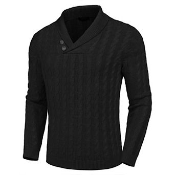 COOFANDY Men' Shawl Collar Pullover Sweater Slim Fit Casual Button Cable Knit Sweaters