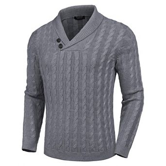 COOFANDY Men' Shawl Collar Pullover Sweater Slim Fit Casual Button Cable Knit Sweaters