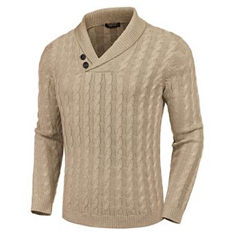 COOFANDY Men' Shawl Collar Pullover Sweater Slim Fit Casual Button Cable Knit Sweaters