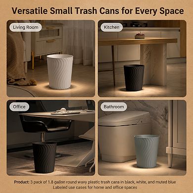 3 Pack 1.8 Gallon Slim Plastic Trash Can For Bathroom Kitchen Office Dorm Bedroom
