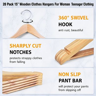 20 Pack 15 Inch Solid Wood Clothes Hangers With Non Slip Pant Bar