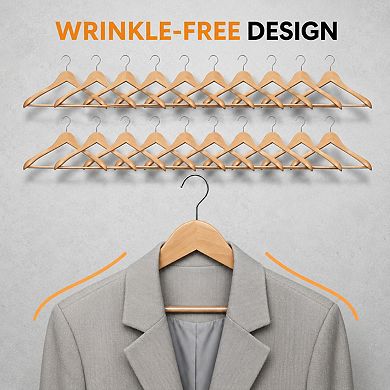 20 Pack 15 Inch Solid Wood Clothes Hangers With Non Slip Pant Bar