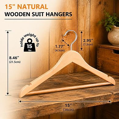 20 Pack 15 Inch Solid Wood Clothes Hangers With Non Slip Pant Bar