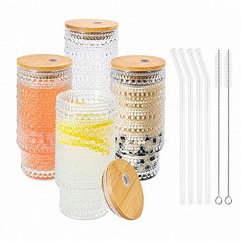 16 Oz Stackable Glass Cups With Lids Straws For Cocktail Juice Smoothie