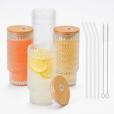 16 Oz Stackable Glass Cups With Lids Straws For Cocktail Juice Smoothie