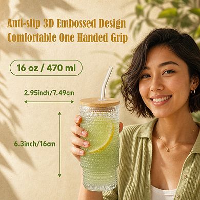 16 Oz Stackable Glass Cups With Lids Straws For Cocktail Juice Smoothie