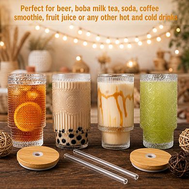16 Oz Stackable Glass Cups With Lids Straws For Cocktail Juice Smoothie