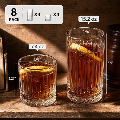 8 Pack Mixed Size Clear Ribbed Drinking Glasses Dishwasher Safe Drinkware Set