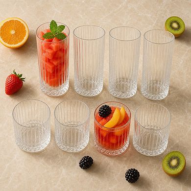 8 Pack Mixed Size Clear Ribbed Drinking Glasses Dishwasher Safe Drinkware Set