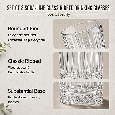 8 Pack Mixed Size Clear Ribbed Drinking Glasses Dishwasher Safe Drinkware Set