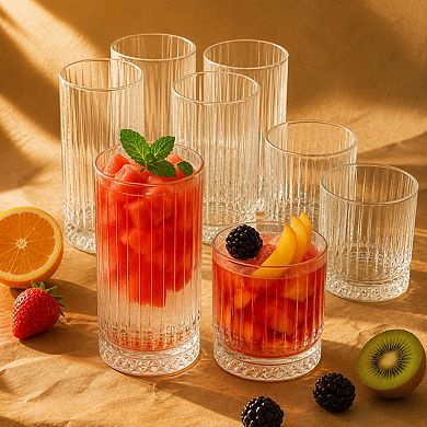 8 Pack Mixed Size Clear Ribbed Drinking Glasses Dishwasher Safe Drinkware Set
