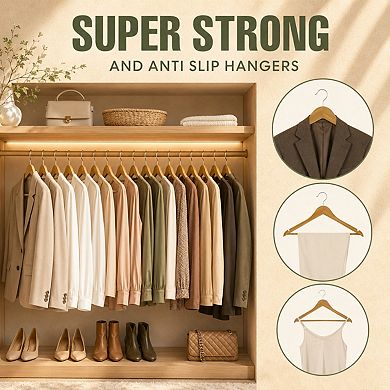 30 Pack Wooden Coat Hangers Durable Slim 360 Rotating Hook Closet Organizer
