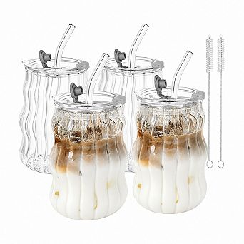 18oz Ribbed Glass Cups With Lids Straws Aesthetic Drinkware Set
