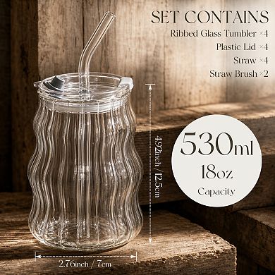18oz Ribbed Glass Cups With Lids Straws Aesthetic Drinkware Set