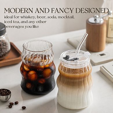 18oz Ribbed Glass Cups With Lids Straws Aesthetic Drinkware Set