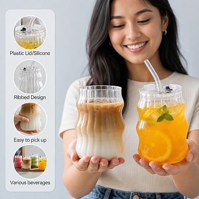 18oz Ribbed Glass Cups With Lids Straws Aesthetic Drinkware Set