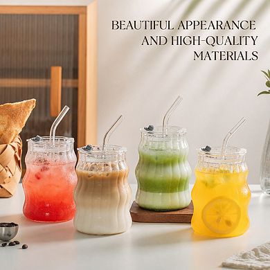 18oz Ribbed Glass Cups With Lids Straws Aesthetic Drinkware Set