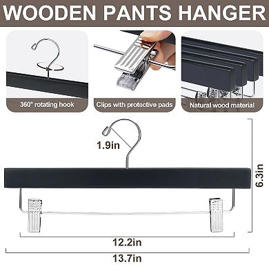 20 Pack Wooden Pants Hangers Adjustable Clips 360 Swivel Hook Space Saving