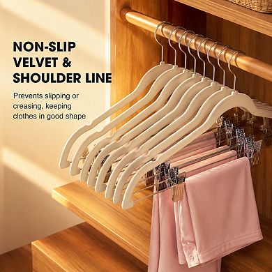 24 Pack Beige Adjustable Heavy Duty Felt Non Slip Closet Hangers With Clips