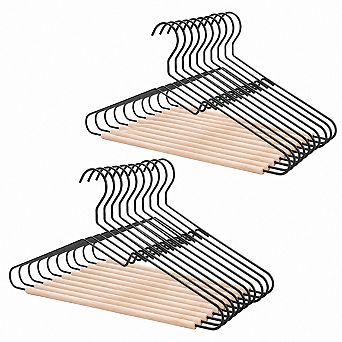 Black Matt Metal Coat Hangers 20 Pack With Beech Wood Pants Bar