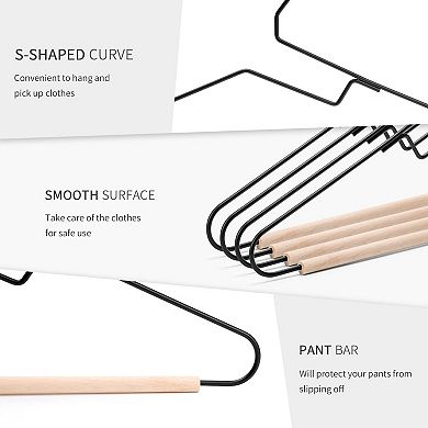 Black Matt Metal Coat Hangers 20 Pack With Beech Wood Pants Bar