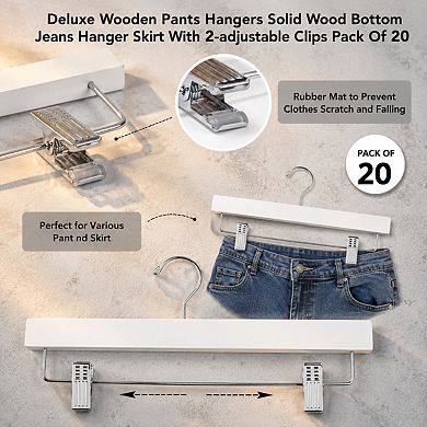 20 Pack Solid Wood Pants Skirt Hangers With Adjustable Non Slip Clips 360 Hook