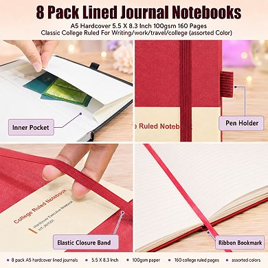 8 Pack A5 Hardcover Lined Journal Notebooks 100gsm College Ruled with Elastic Closure Pen Loop