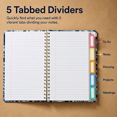 Hardcover 5 Subject Spiral Notebook College Ruled With Removable Dividers Tabs