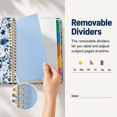 Hardcover 5 Subject Spiral Notebook College Ruled With Removable Dividers Tabs