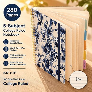 Hardcover 5 Subject Spiral Notebook College Ruled With Removable Dividers Tabs