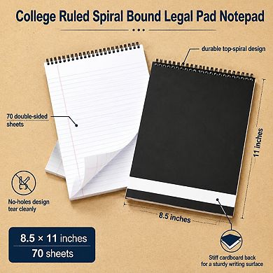 6 Pack Top Spiral Bound College Ruled Notebooks Stiff Cover Double Sided